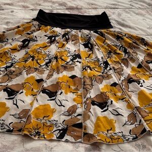 Susan Bristol linen blend floral yellow brown A-line lined midi skirt, size M